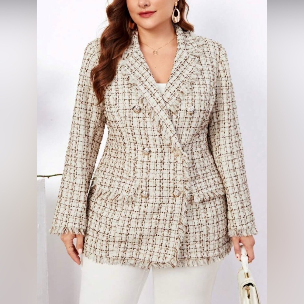 SHEIN Clasi Women's Plaid Brown and White Double Breasted blazer/jacket - Picture 5 of 6